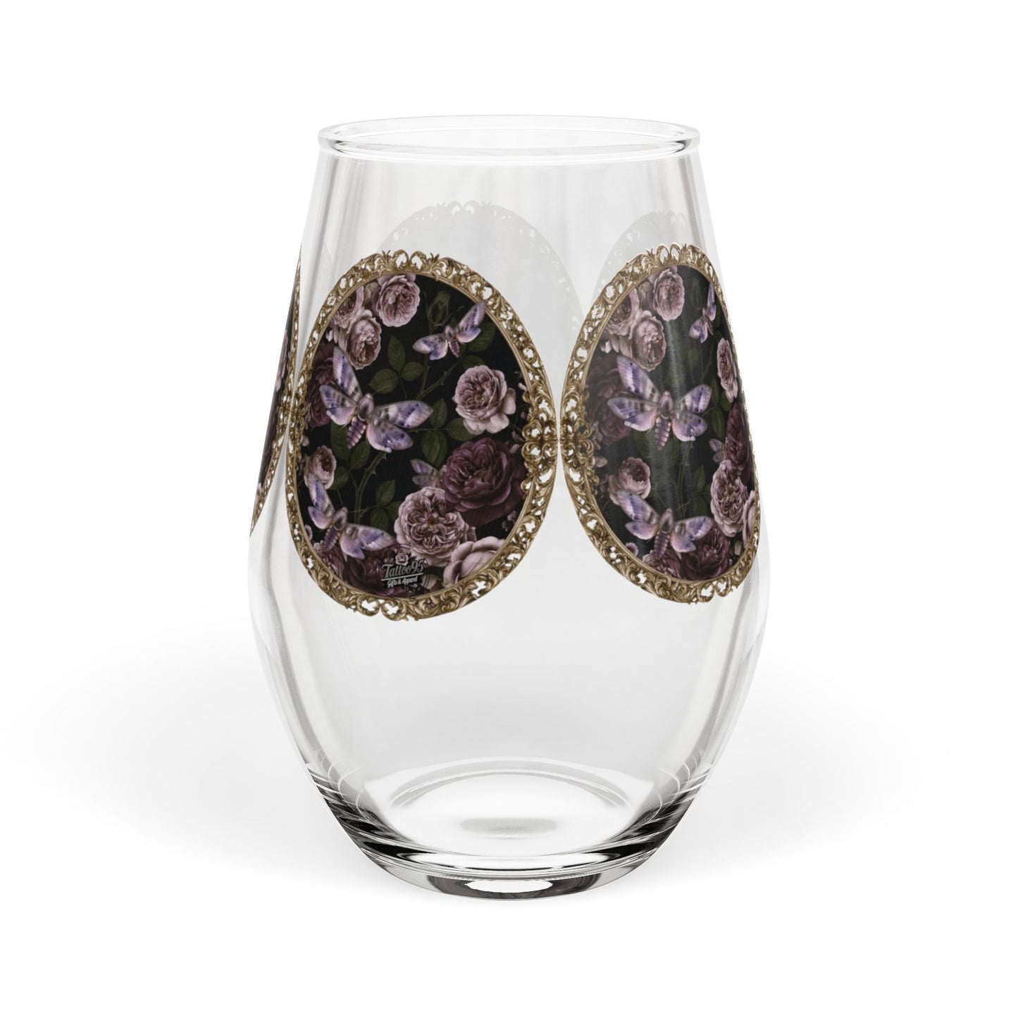 Purple Moths Vintage Floral Medallion Stemless Wine Glass — 11.75 oz