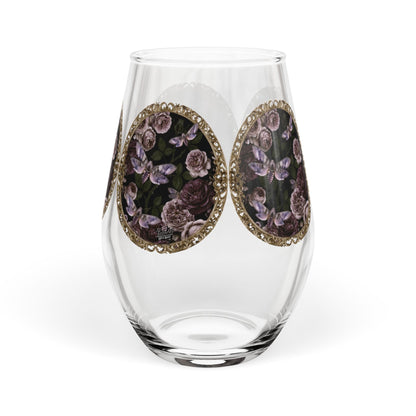 Purple Moths Vintage Floral Medallion Stemless Wine Glass — 11.75 oz