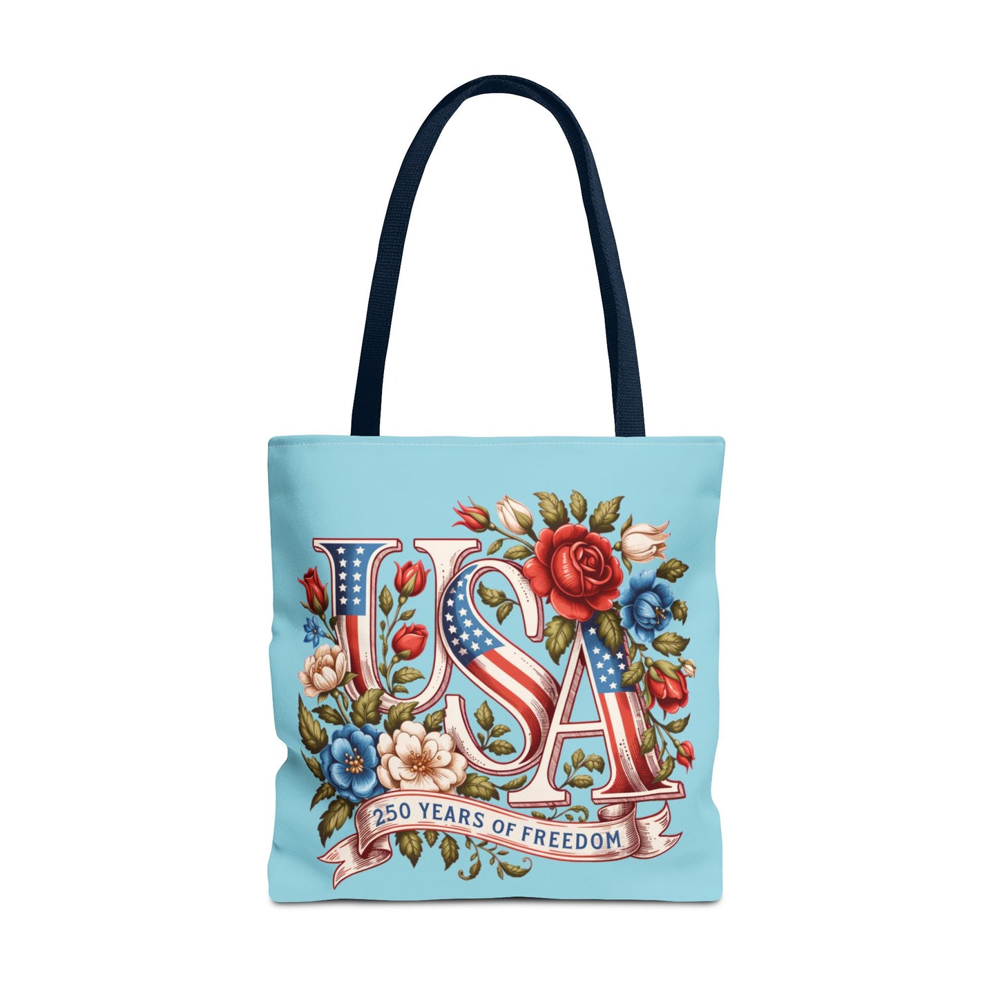 Floral USA -- Happy 250th Birthday America Tote Bag — Patriotic 4th of July Celebration Tote