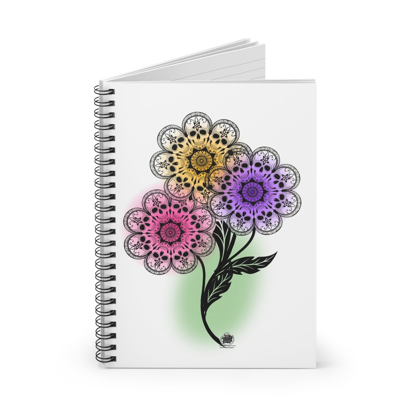Skull Flower Mandala Trio Spiral Notebook — Ruled Journal with Pink, Purple & Gold Flower Design