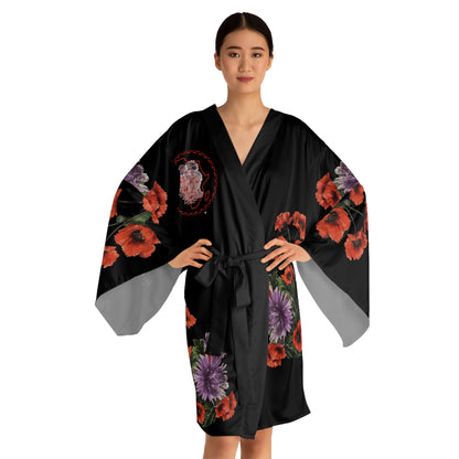 Sacred Beauty with Red Poppy Purple - Kimono Robe — Silky Long-Sleeve Lounge & Party Wrap