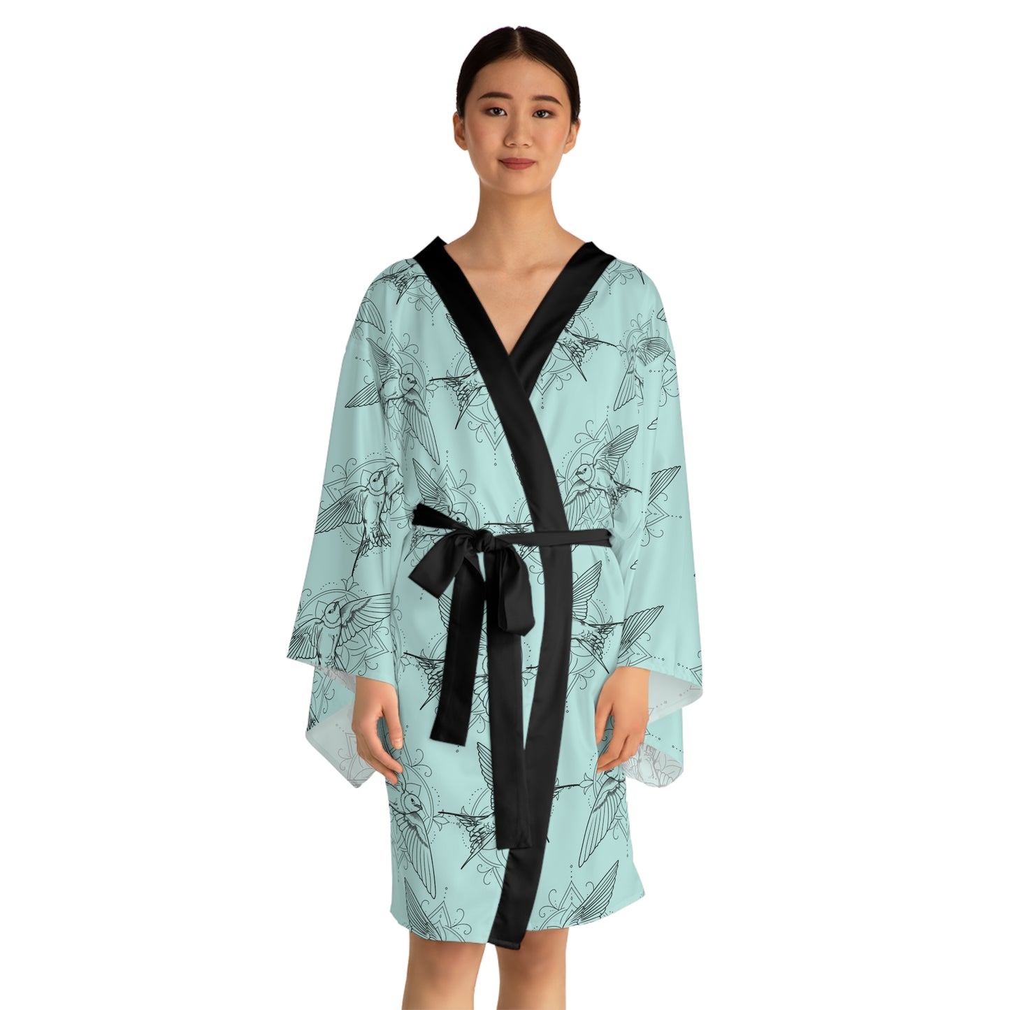 Swallow Bird Print Kimono Robe — Mid-Length Bell Sleeve Lounge & Evening Wrap