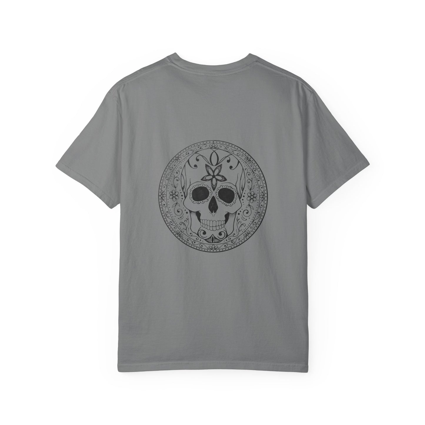 Skull Flower Mandela Trio - Unisex T-Shirt — Hand-Drawn Flower Bouquet & Sugar Skull Back Print