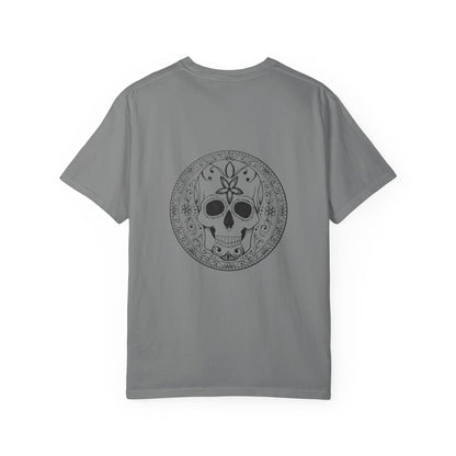 Skull Flower Mandela Trio - Unisex T-Shirt — Hand-Drawn Flower Bouquet & Sugar Skull Back Print