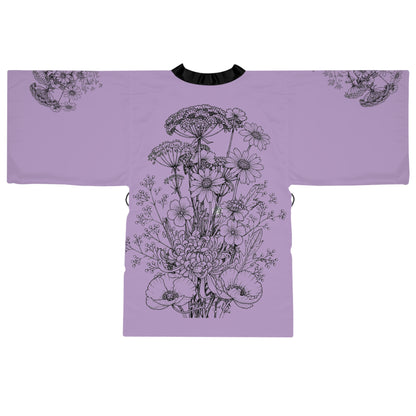 Wildflowers Tattoo Silk-Touch Mid-Length Kimono Robe — Purple