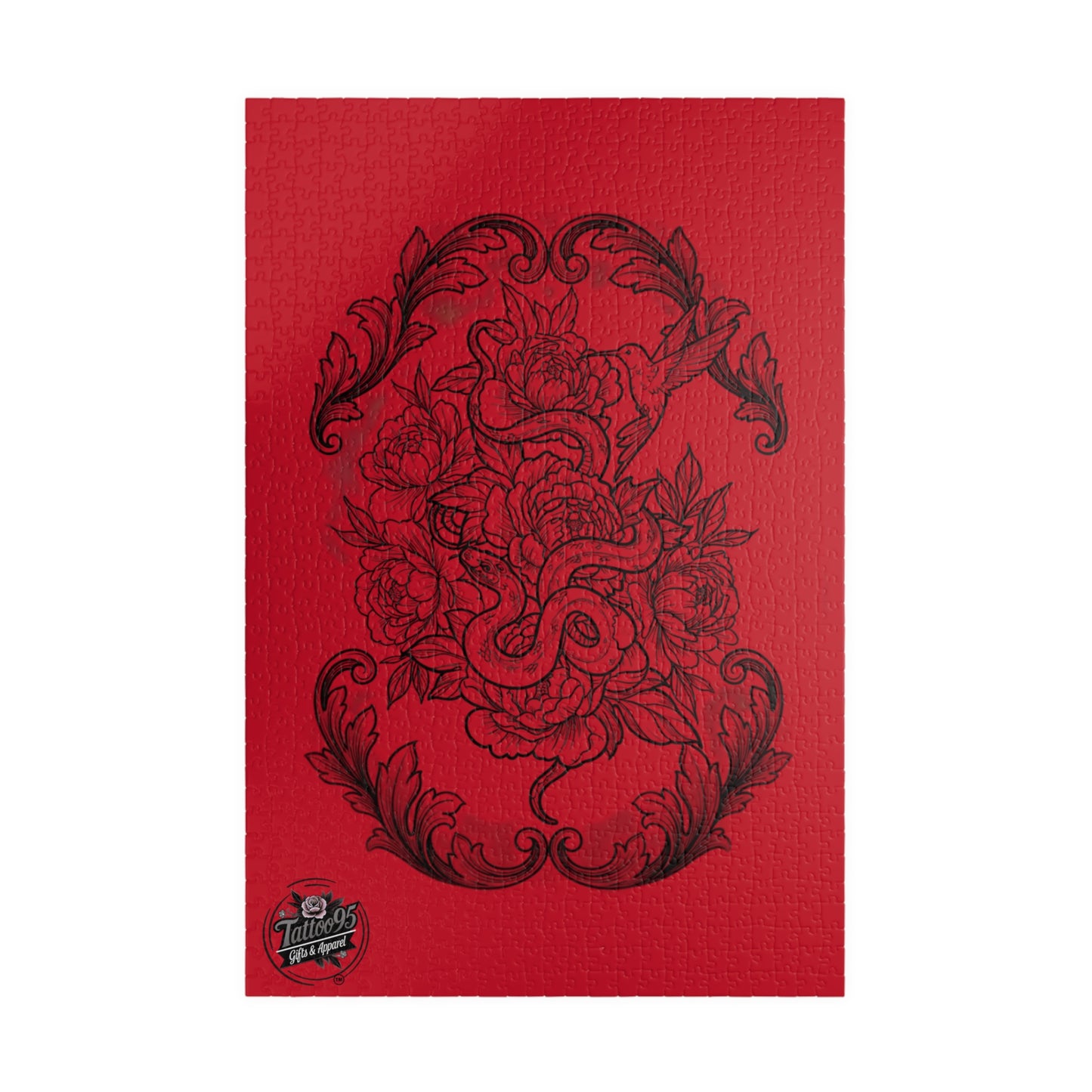 Snake, Hummingbird and Peonies Tattoo Artwork - Jigsaw Puzzle — PIECES are 110, 252, 520 and 1014 Glossy Finish