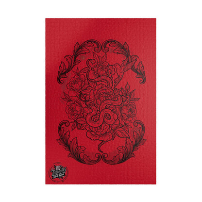 Snake, Hummingbird and Peonies Tattoo Artwork - Jigsaw Puzzle — PIECES are 110, 252, 520 and 1014 Glossy Finish