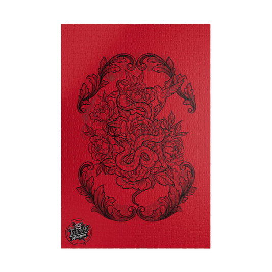 Snake, Hummingbird and Peonies Tattoo Artwork - Jigsaw Puzzle — PIECES are 110, 252, 520 and 1014 Glossy Finish