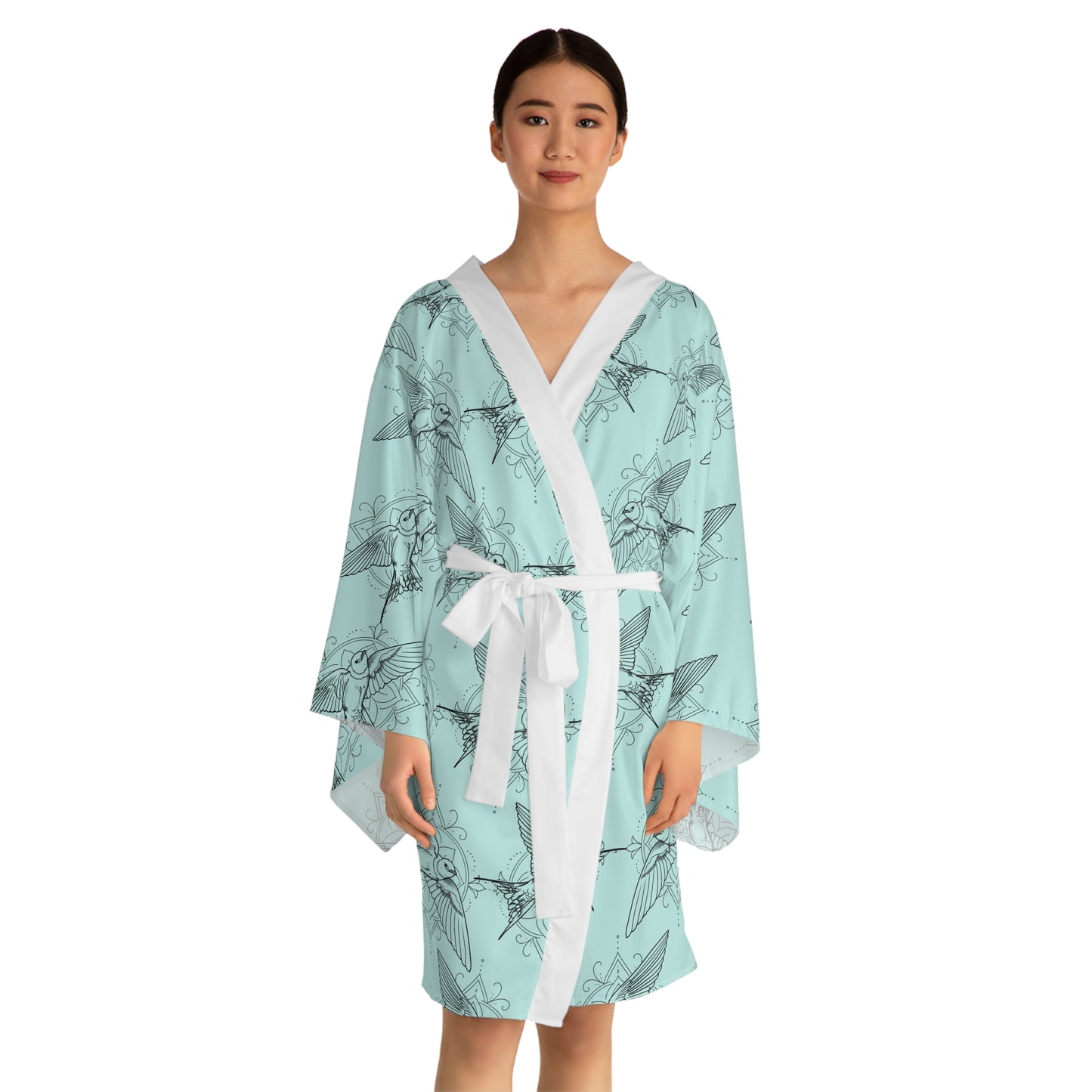 Swallow Bird Print Kimono Robe — Mid-Length Bell Sleeve Lounge & Evening Wrap