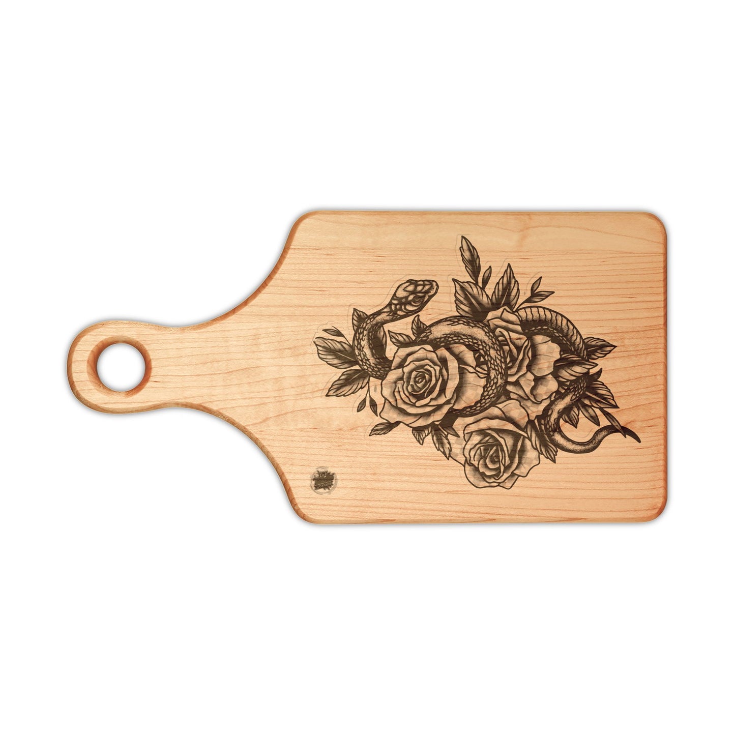 Snake & Roses Engraved Wooden Cutting Board — Decorative Paddle & Rectangular Serving Board