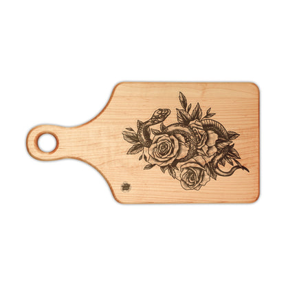 Snake & Roses Engraved Wooden Cutting Board — Decorative Paddle & Rectangular Serving Board
