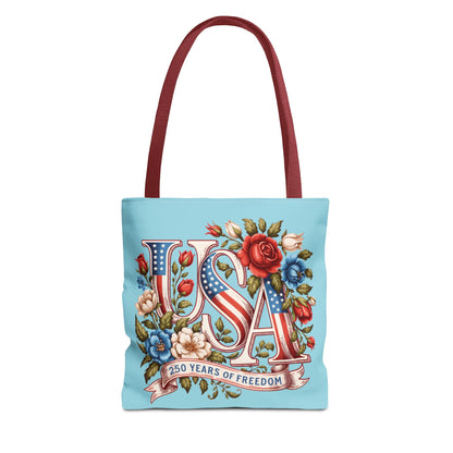 Floral USA -- Happy 250th Birthday America Tote Bag — Patriotic 4th of July Celebration Tote