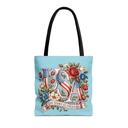 Floral USA -- Happy 250th Birthday America Tote Bag — Patriotic 4th of July Celebration Tote
