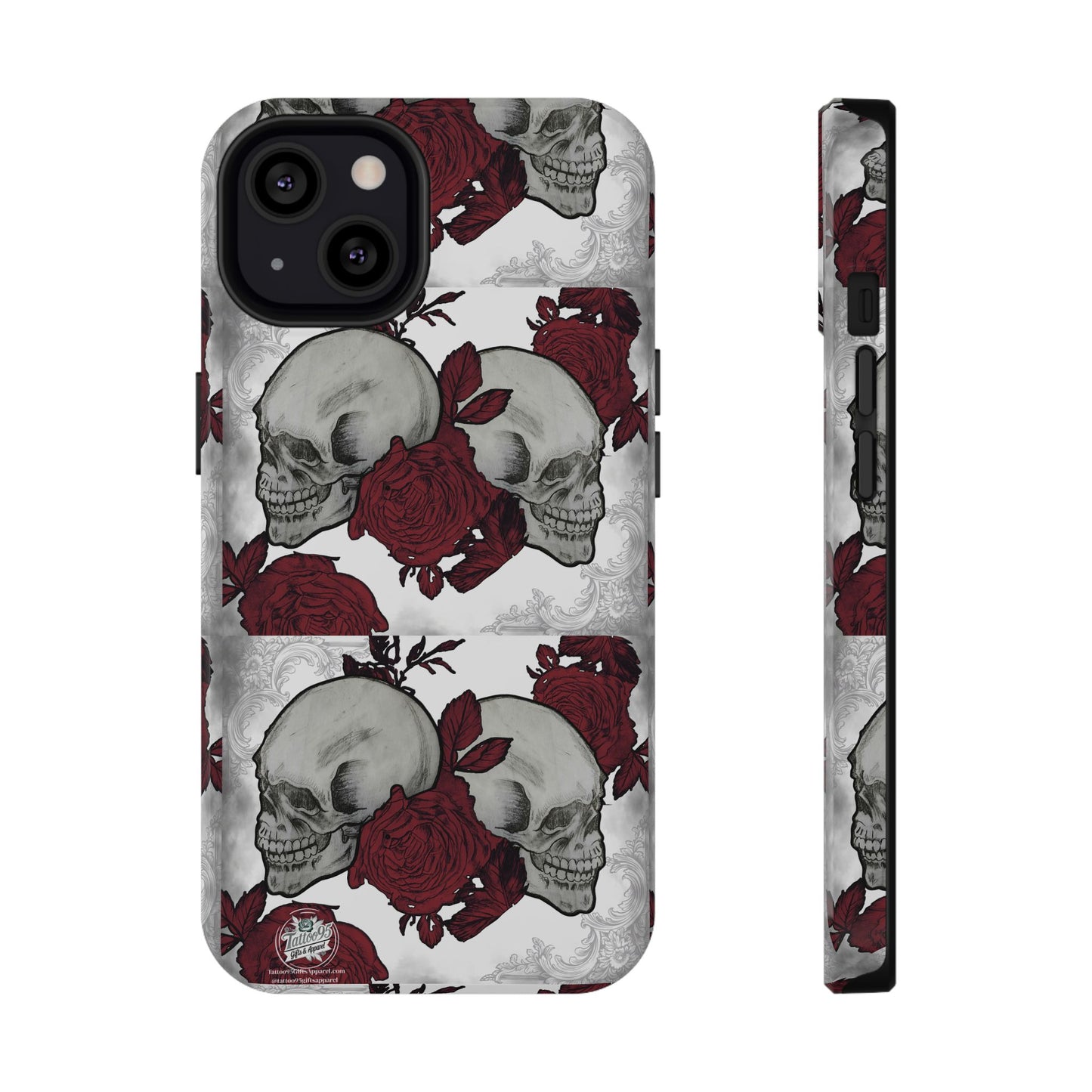 Phone case with skull and rose design on a white background