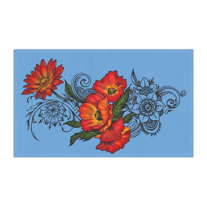 Floral Red Poppy Tea Towel — Bright Red Poppies on Sky Blue Kitchen Towel