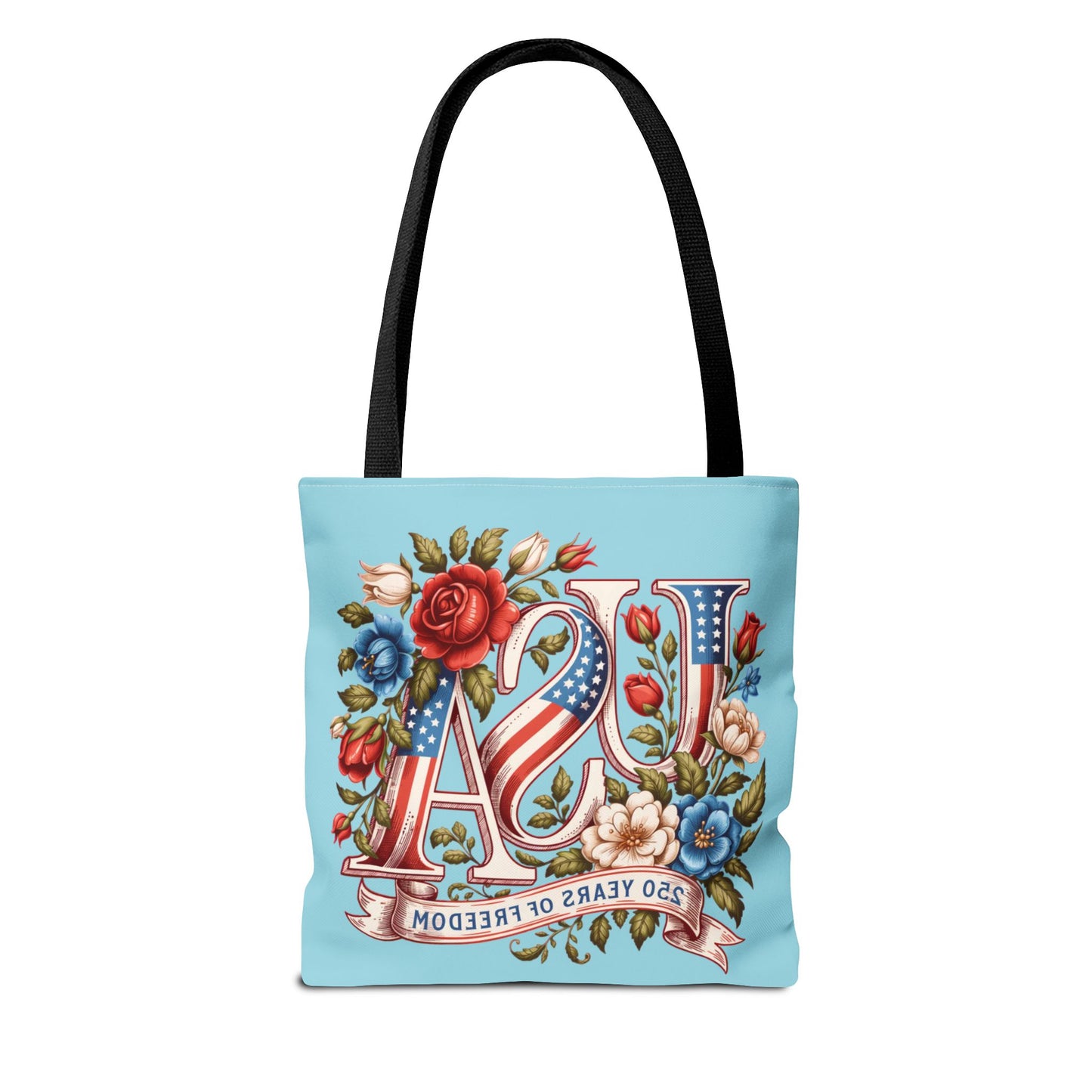 Floral USA -- Happy 250th Birthday America Tote Bag — Patriotic 4th of July Celebration Tote