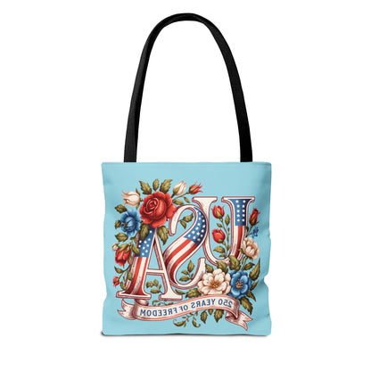 Floral USA -- Happy 250th Birthday America Tote Bag — Patriotic 4th of July Celebration Tote
