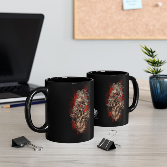 Anatomical Heart Tattoo Sephia w Red Burst - Ceramic Mug (11oz and 15oz)