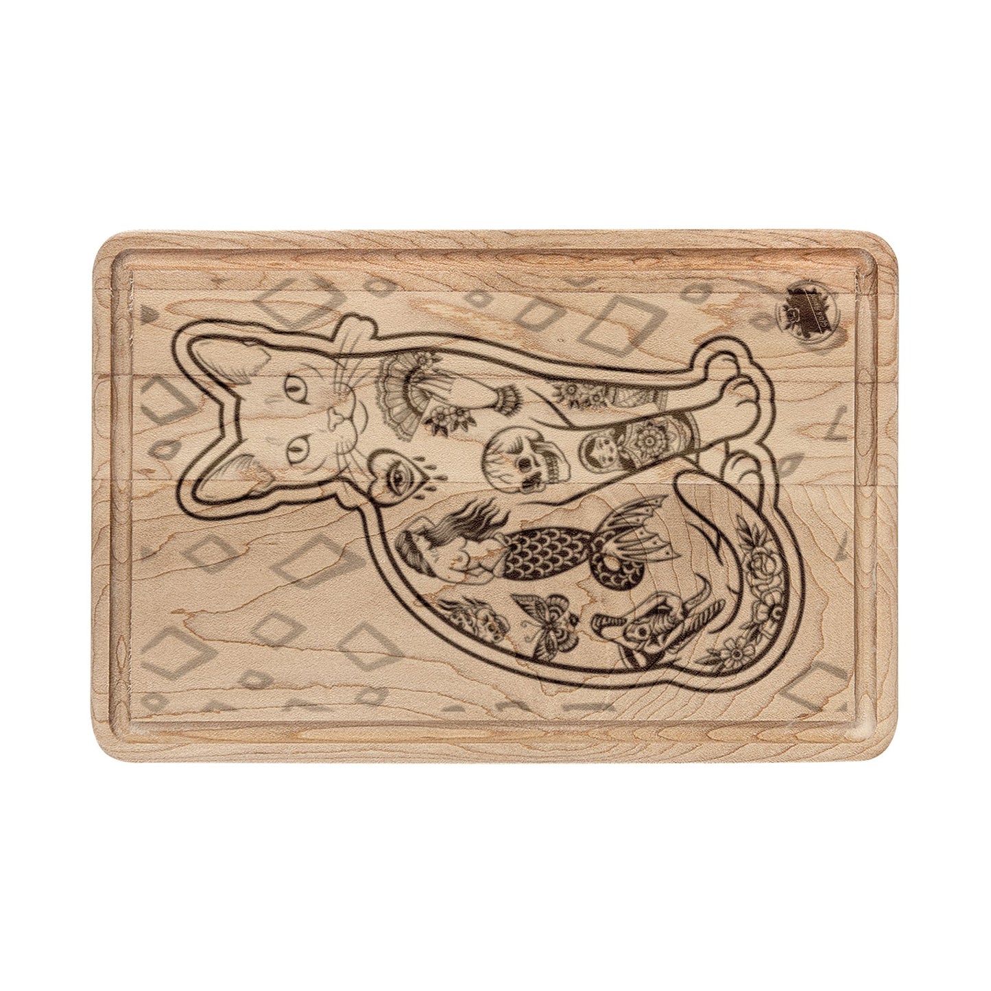 Tattooed Cat Original Tattoo Artwork - Engraved Cutting Board — Decorative Serving & Chopping Board