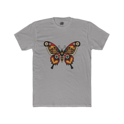 Moth & Skulls Crew Tee — Red Yellow & Green Graphic 'Quiet Promise' Cotton Tee
