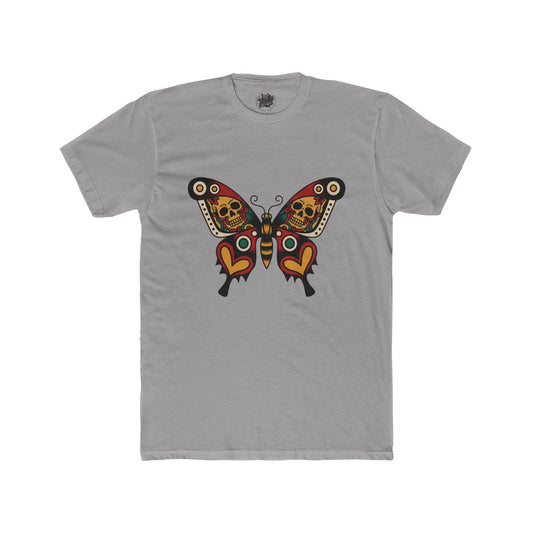 Moth & Skulls Crew Tee — Red Yellow & Green Graphic 'Quiet Promise' Cotton Tee