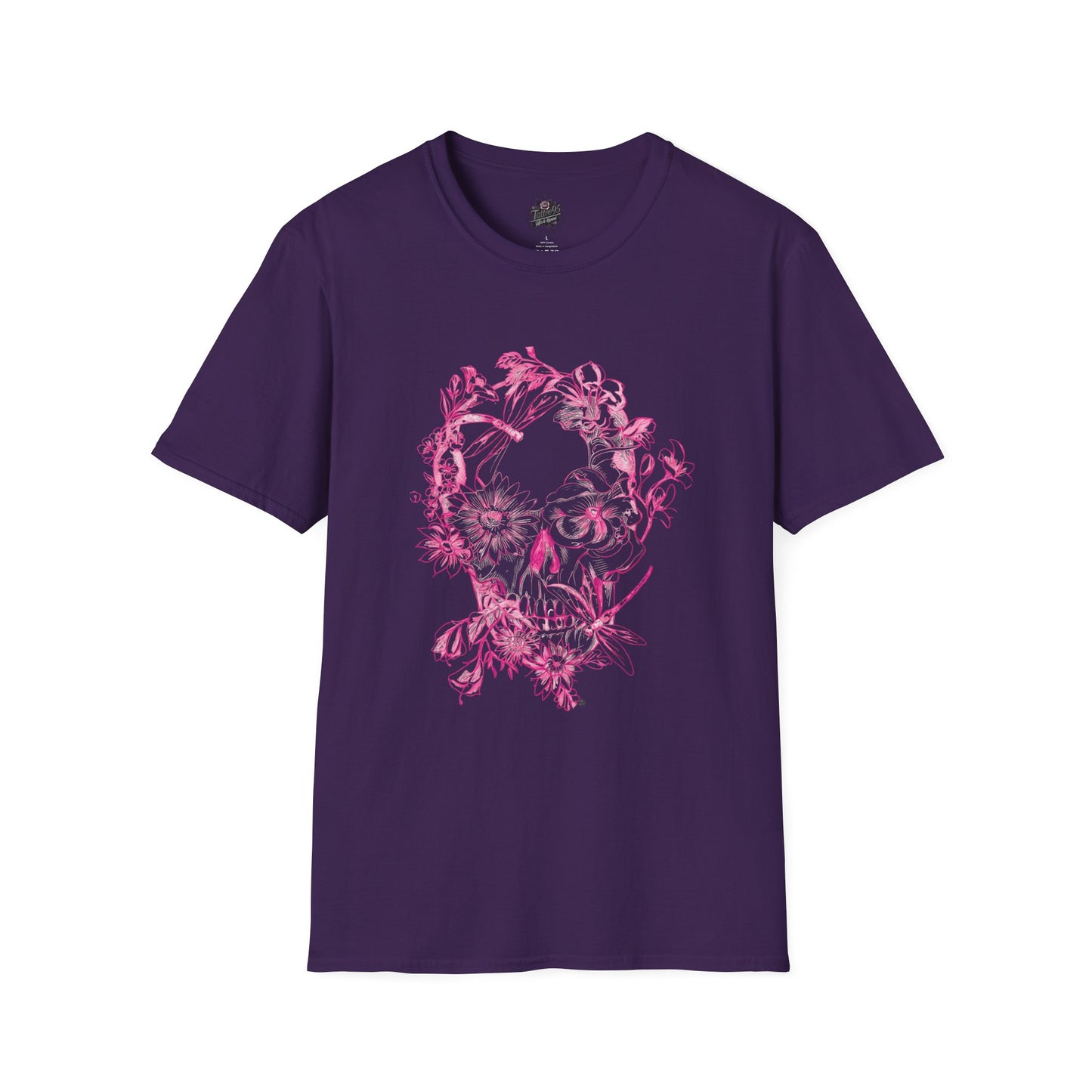 Floral Skull and Dragonfly Tattoo Art (Pink) - Unisex Softstyle T-Shirt