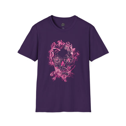 Floral Skull and Dragonfly Tattoo Art (Pink) - Unisex Softstyle T-Shirt