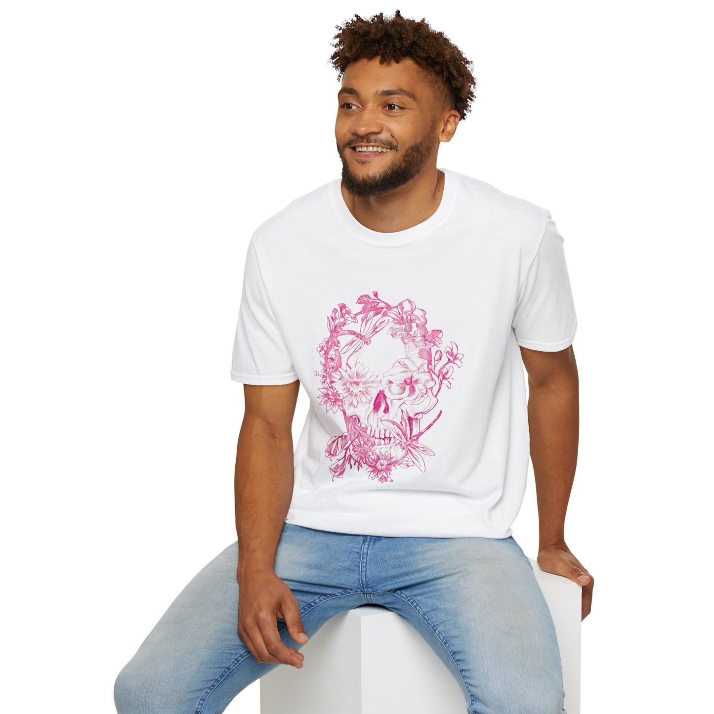 Floral Skull and Dragonfly Tattoo Art (Pink) - Unisex Softstyle T-Shirt