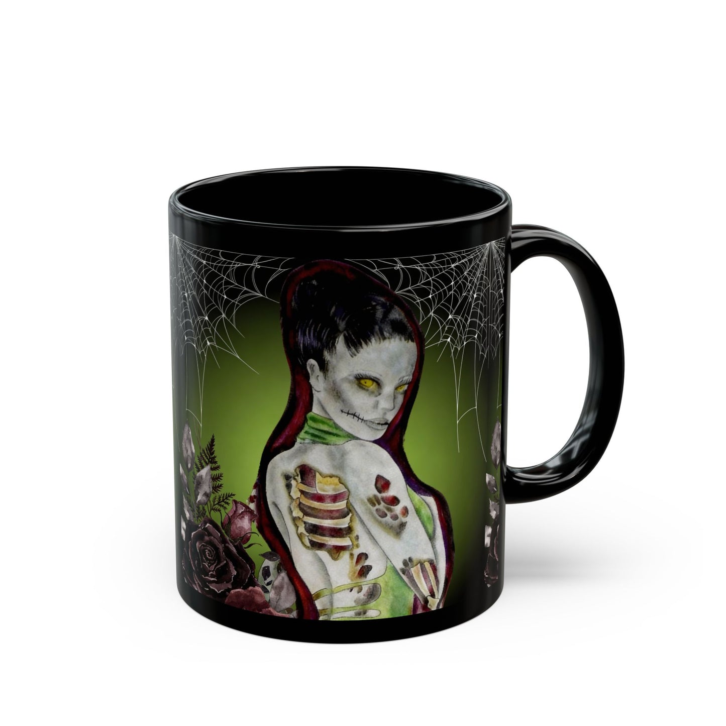 Zombie Lady Deadrah - Black Coffee Mug — Matte Tattoo Zombie Design (11oz & 15oz)