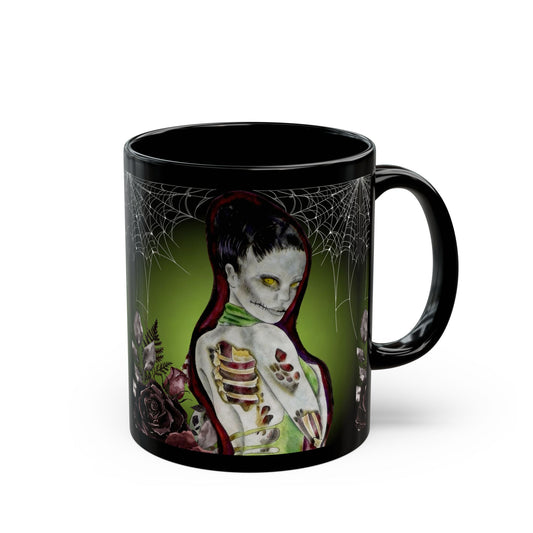 Zombie Lady Deadrah - Black Coffee Mug — Matte Tattoo Zombie Design (11oz & 15oz)