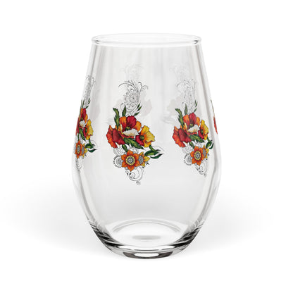 Orange & Red Poppy Flowers Original Tattoo Artwork - Stemless Wine Glass, 11.75oz