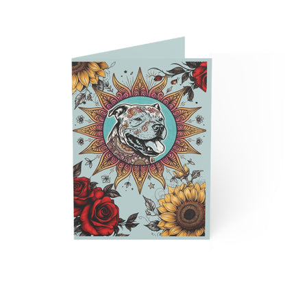 Sun Pittie with Sunflowers & Roses  Greeting Card — Original Tattoo Design (Pack of 1/10/30/50)