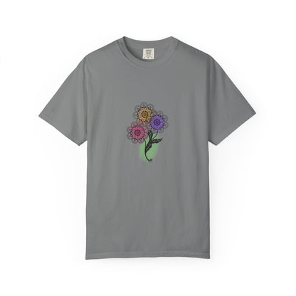 Skull Flower Mandela Trio - Unisex T-Shirt — Hand-Drawn Flower Bouquet & Sugar Skull Back Print