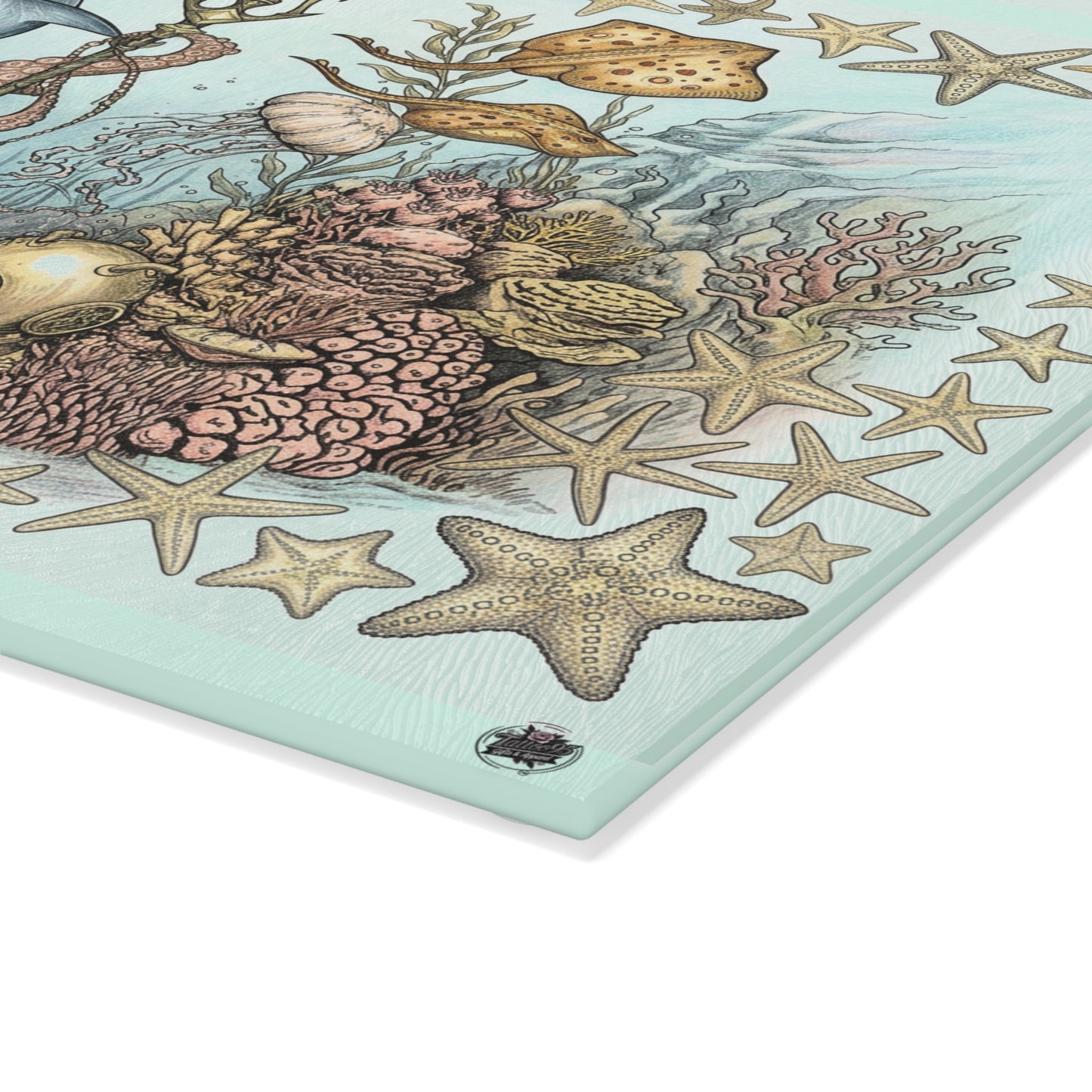 Ocean Tattoo Underwater Journey Glass Cutting Board (In Color)