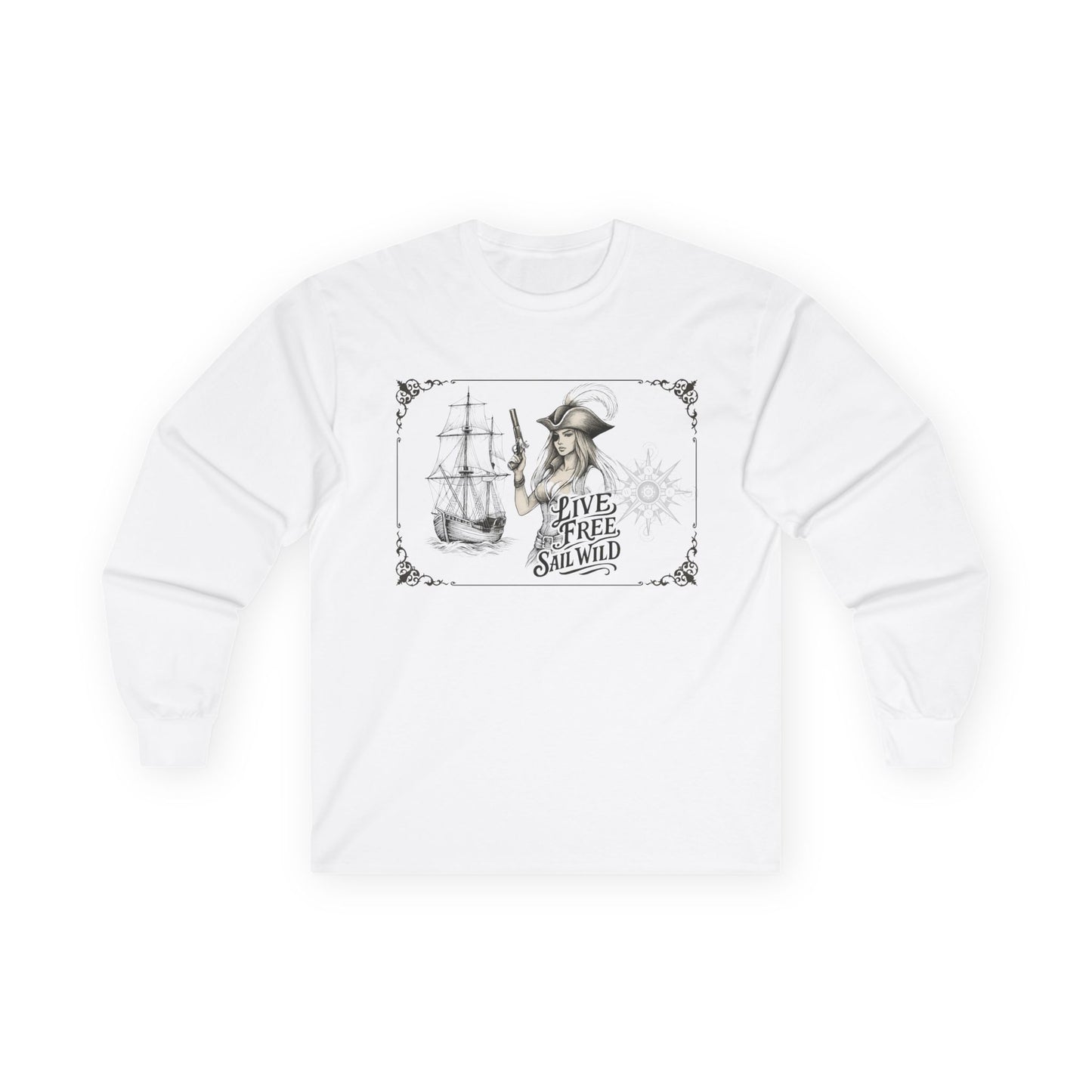 Live Free, Sail Wild Pirate Lady with Back Quote "I’m the Storm You Saw Coming" - Gildan Adult Long Sleeve Ultra Cotton T-Shirt