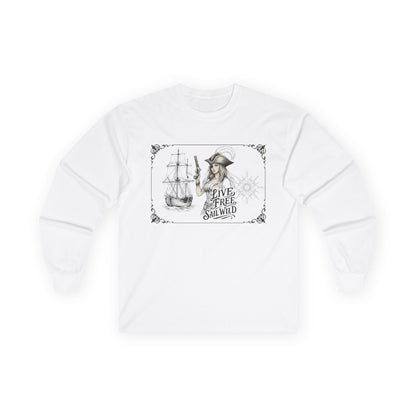 Live Free, Sail Wild Pirate Lady with Back Quote "I’m the Storm You Saw Coming" - Gildan Adult Long Sleeve Ultra Cotton T-Shirt