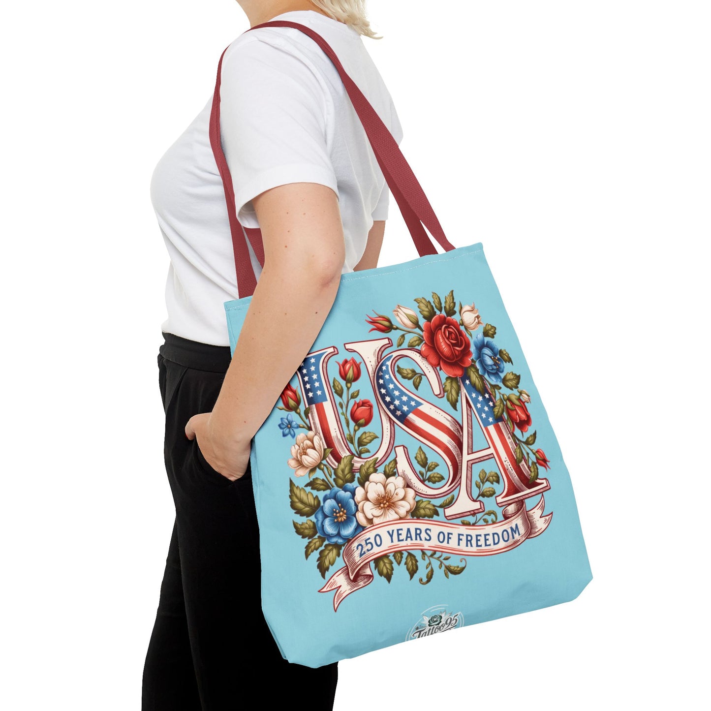 Floral USA -- Happy 250th Birthday America Tote Bag — Patriotic 4th of July Celebration Tote
