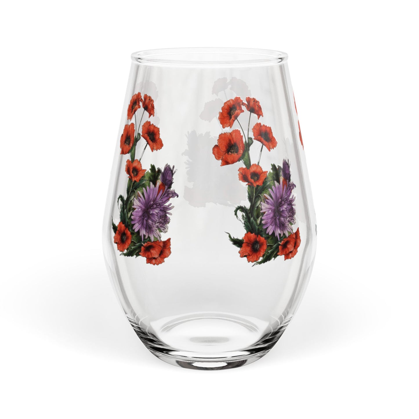 Red Poppy Purple Aster - Stemless Wine Glass, 11.75oz