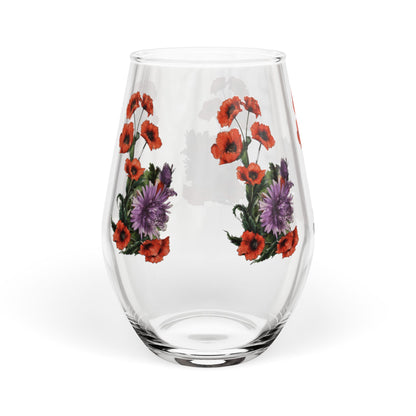 Red Poppy Purple Aster - Stemless Wine Glass, 11.75oz