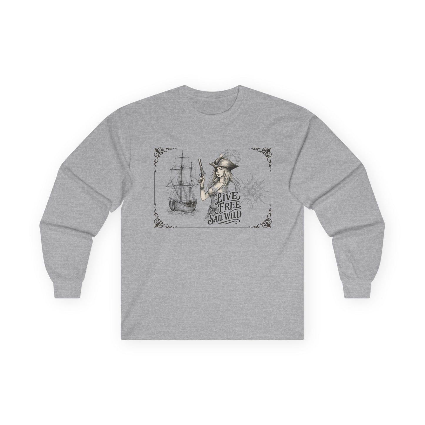 Live Free, Sail Wild Pirate Lady with Back Quote "I’m the Storm You Saw Coming" - Gildan Adult Long Sleeve Ultra Cotton T-Shirt