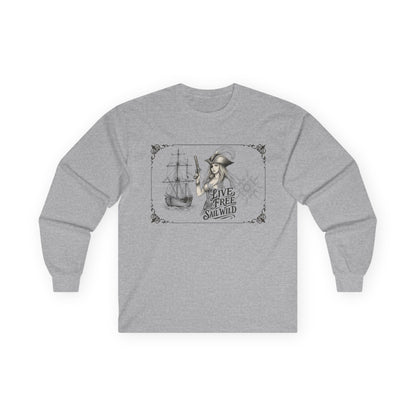 Live Free, Sail Wild Pirate Lady with Back Quote "I’m the Storm You Saw Coming" - Gildan Adult Long Sleeve Ultra Cotton T-Shirt