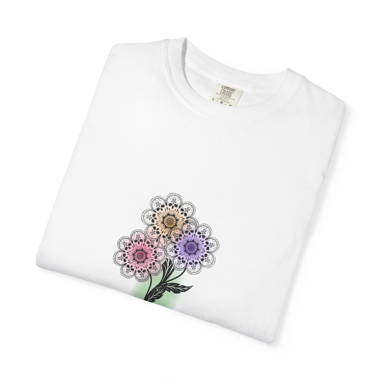 Skull Flower Mandela Trio - Unisex T-Shirt — Hand-Drawn Flower Bouquet & Sugar Skull Back Print