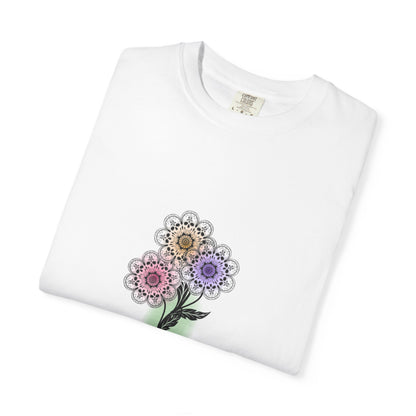 Skull Flower Mandela Trio - Unisex T-Shirt — Hand-Drawn Flower Bouquet & Sugar Skull Back Print