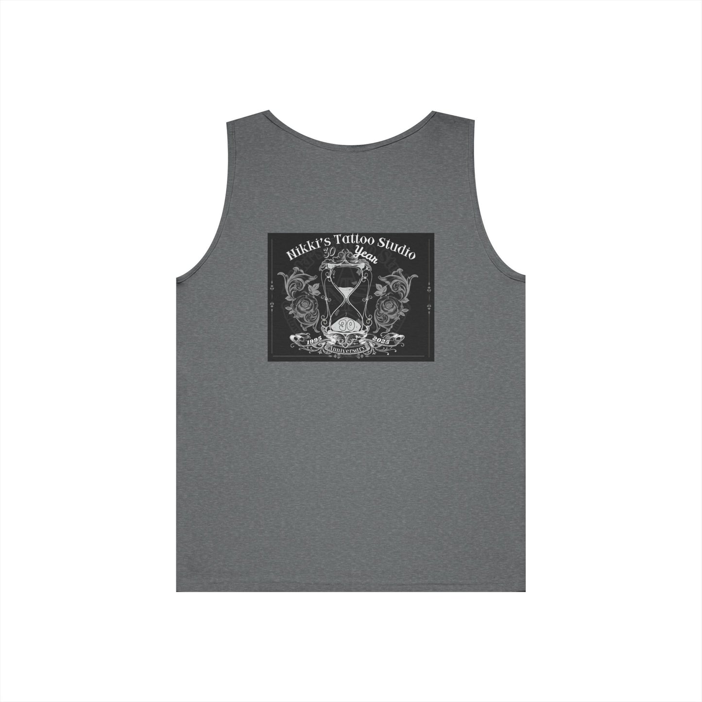 Nikki's Tattoo Studio Collection - 30 Year Anniversary Edition - Skull and Snake Logo Unisex Heavy Cotton Tank Top - Black & Grey
