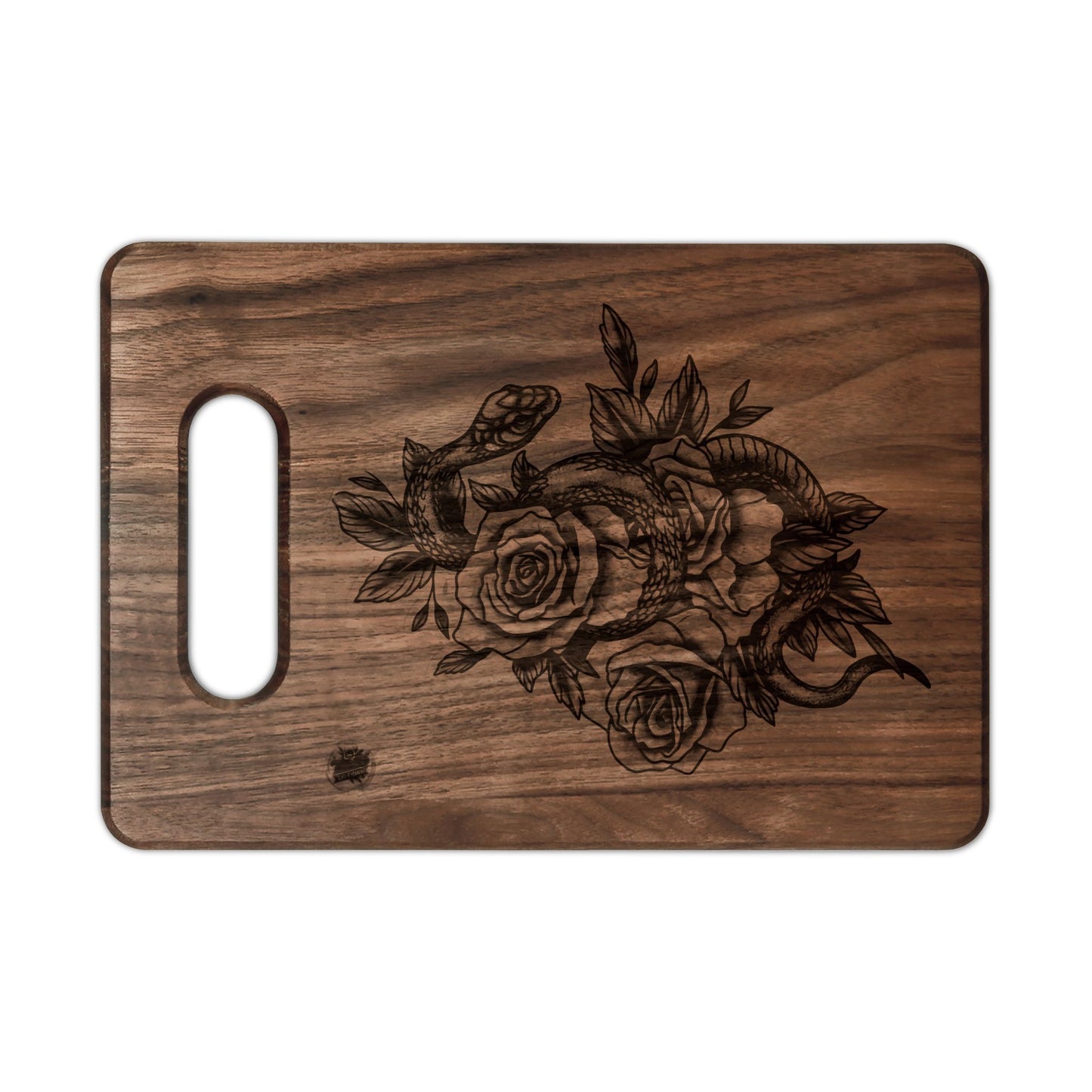 Snake & Roses Engraved Wooden Cutting Board — Decorative Paddle & Rectangular Serving Board