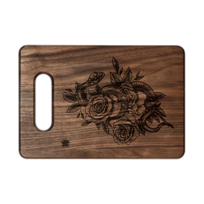 Snake & Roses Engraved Wooden Cutting Board — Decorative Paddle & Rectangular Serving Board