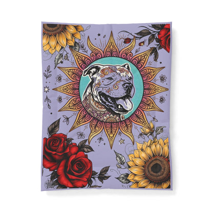 Sun Pittie with Sunflowers & Roses - Boho Floral Pet Portrait Cotton Comforter - Soft White Down Alternative Duvet