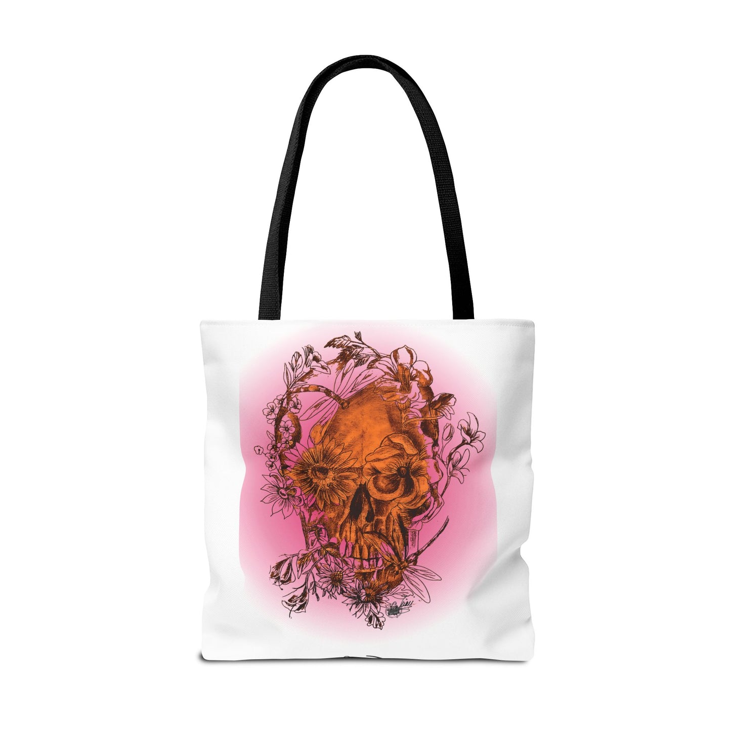 Floral Skull and Dragonfly Tattoo Art (Orange) - Tote Bag (3 Sizes)