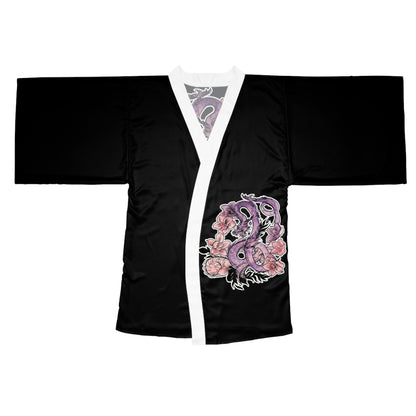 Dragon Orchids - Kimono Robe — Silk-Touch Mid-Length Tattoed Dragon Print