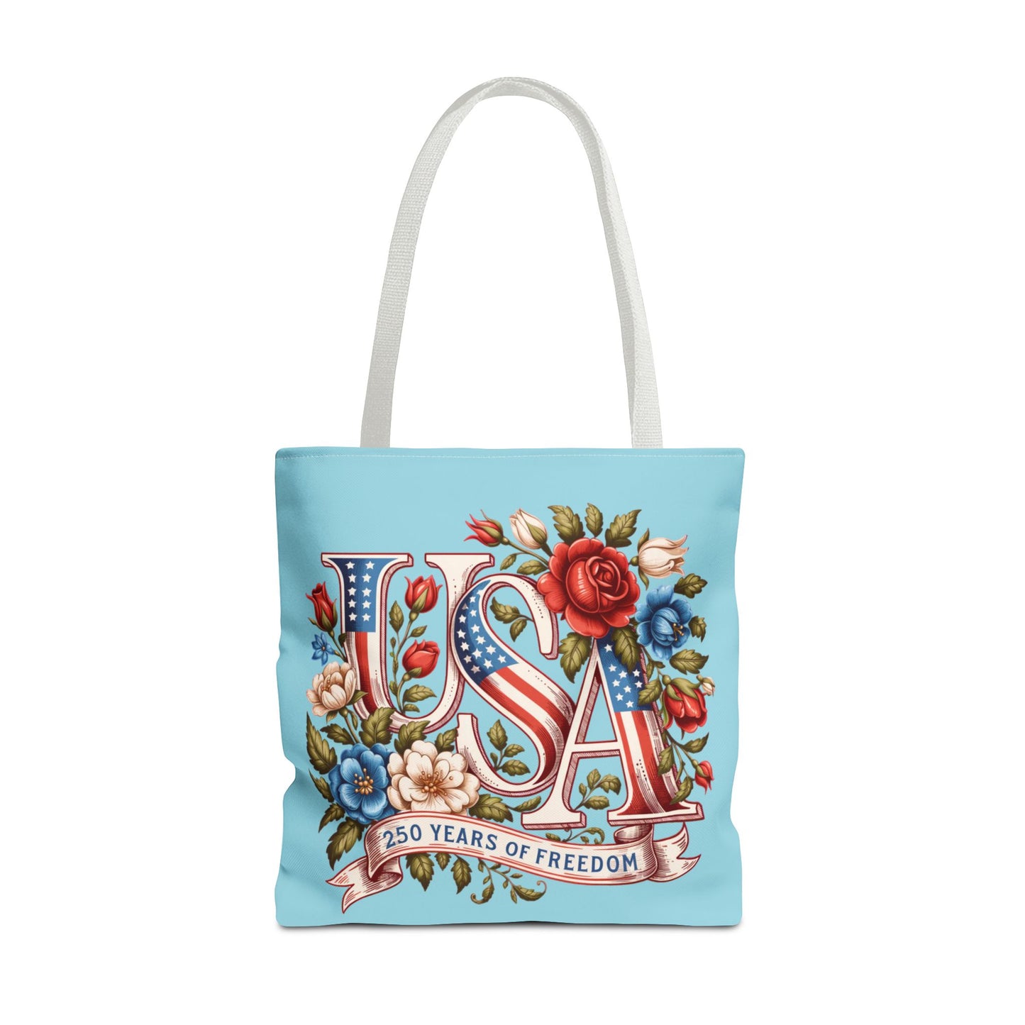 Floral USA -- Happy 250th Birthday America Tote Bag — Patriotic 4th of July Celebration Tote